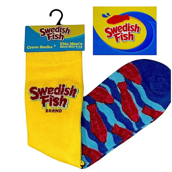 Swedish Fish Novelty Socks Crew Mid Calf Unisex Women 7-13 Men 6-12 New NWT - Picture 1 of 16